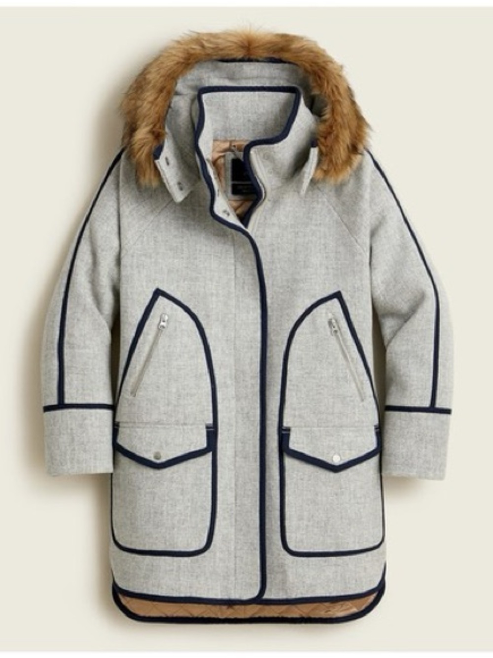 J. Crew Summit Parka Italian Stadium GrayCoat with Navy Trim and Faux-Fur Hood 6